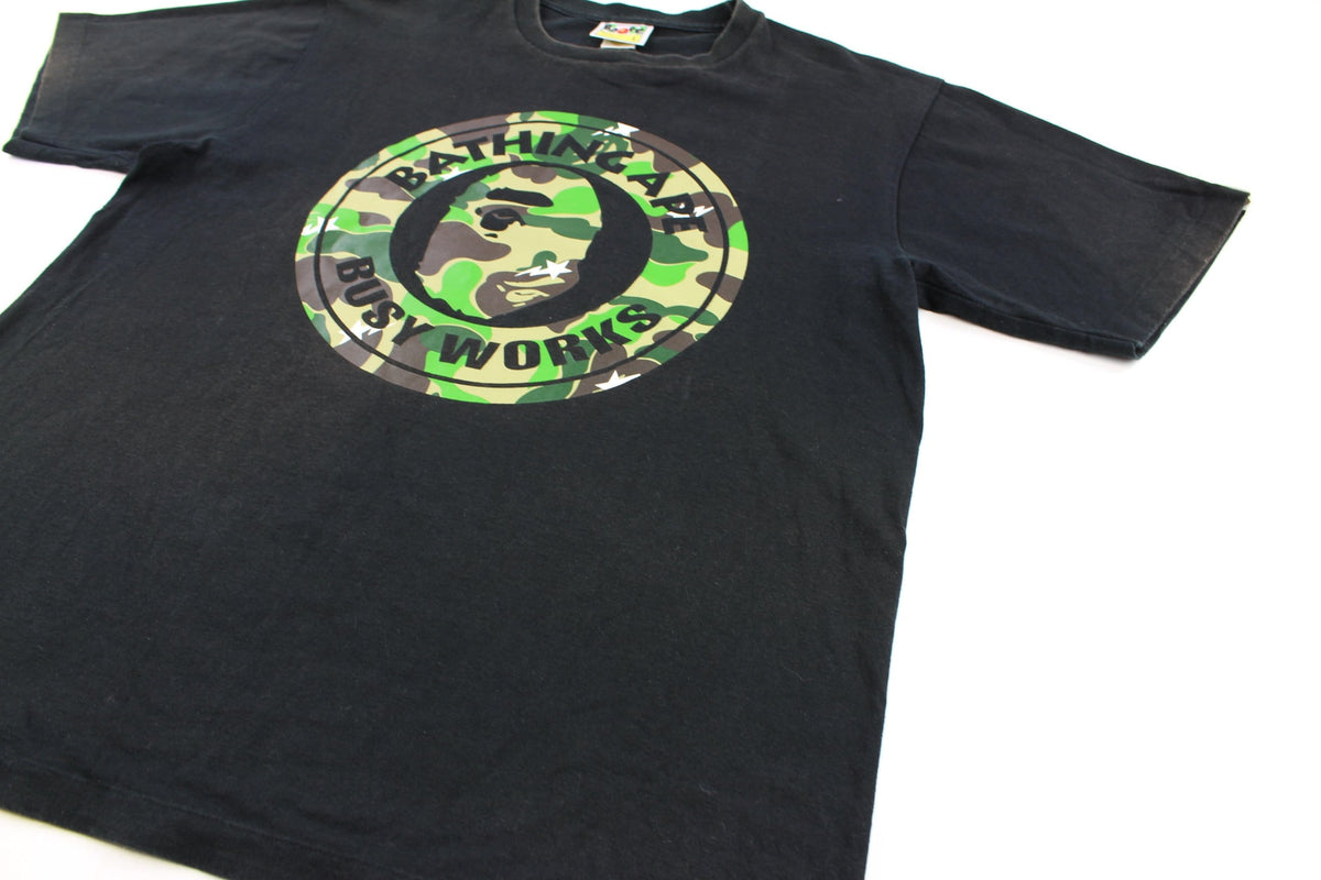 Bape ABC Green Camo Busy Works Logo Tee Black - SARUUK