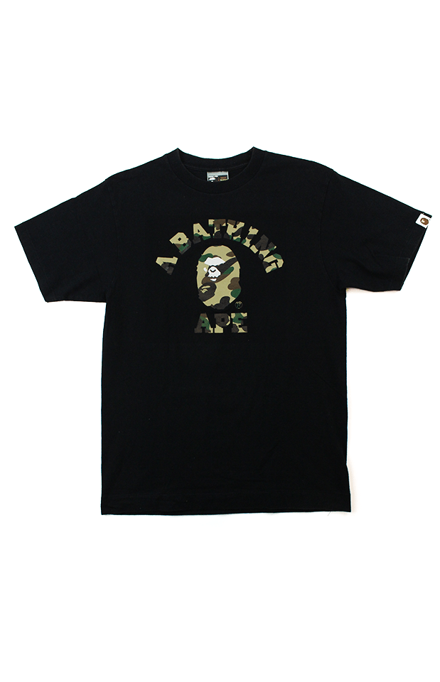 Bape 1st Green Camo Angry Face College Logo Tee Black - SaruGeneral