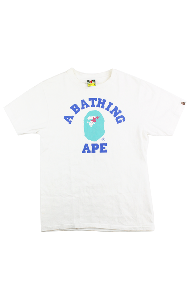 Bape Blue Pink Apesta College Logo Tee White - SaruGeneral