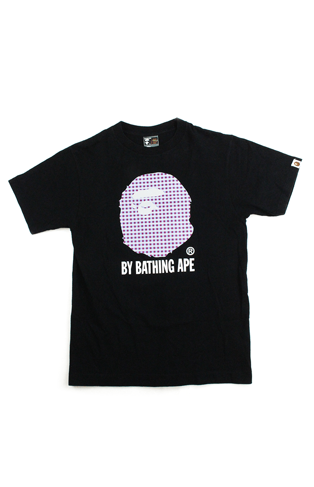 Bape Purple Checkered Big Ape Logo Tee Black - SaruGeneral