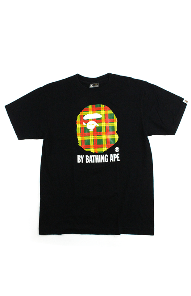 Bape Red Yellow Green Plaid Big Ape Logo Tee Black - SaruGeneral