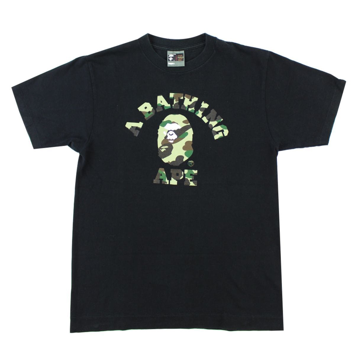 Bape 1st Green Camo Angry Face College Logo Tee Black - SaruGeneral