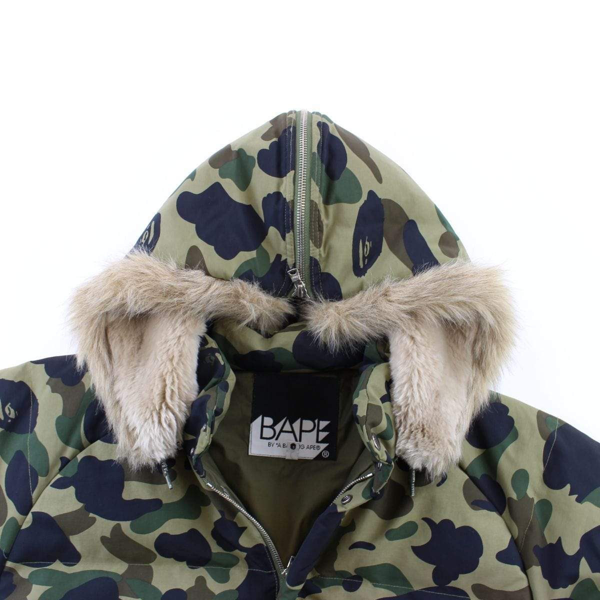 Bape 1st Green Camo Fur Puffer Jacket - SaruGeneral