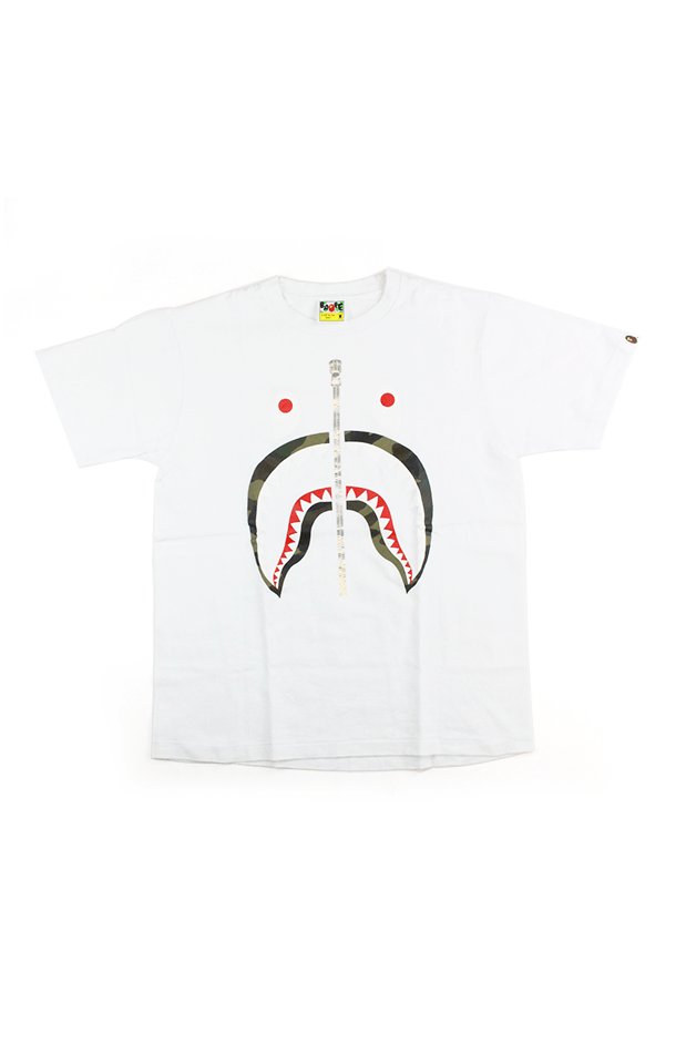 Bape 1st Green Camo Shark Face Tee White - SaruGeneral
