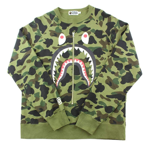 Bape 1st Green Camo Shark Face Zip Crewneck