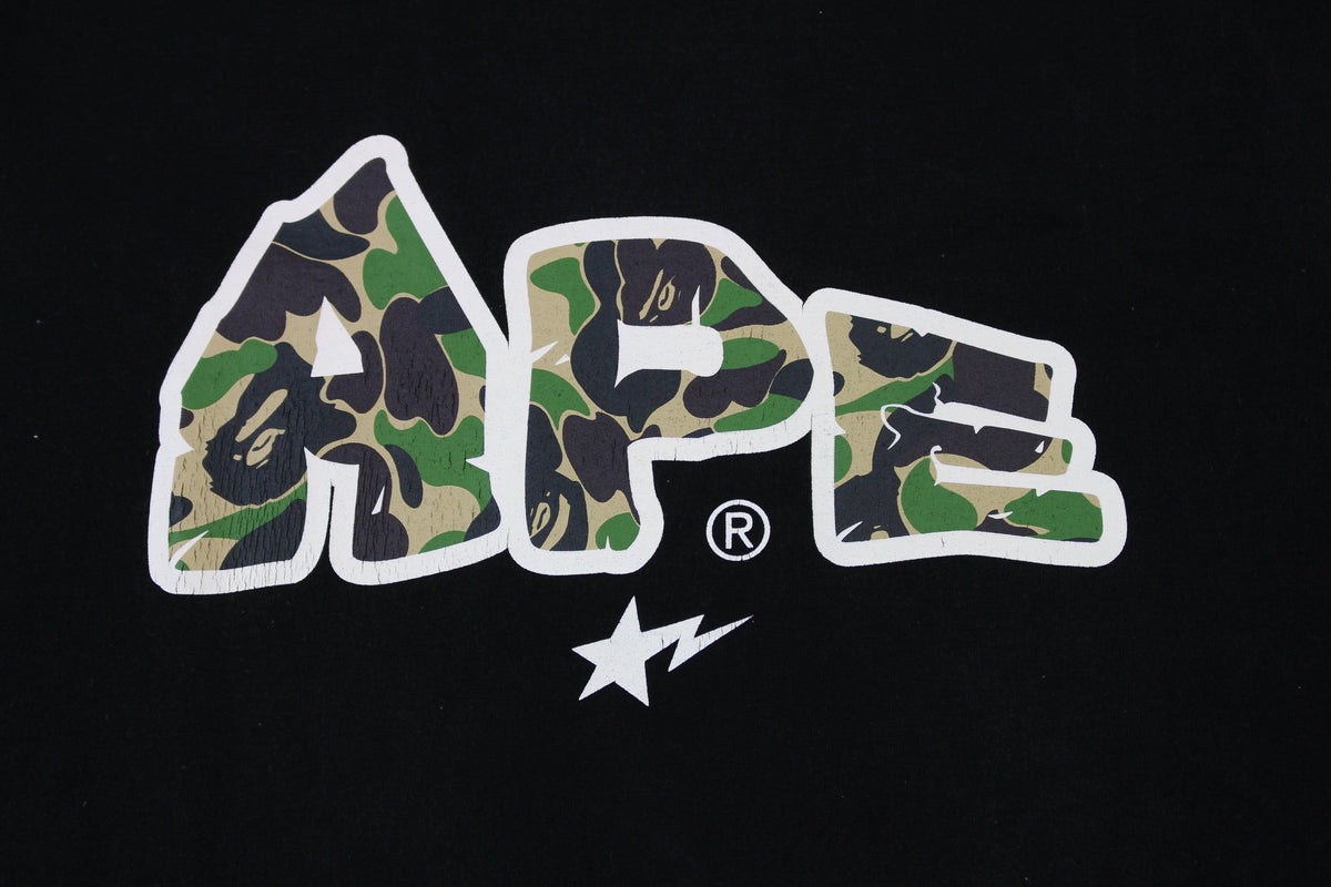 Bape ABC Green Camo Ape Text Tee Black - SaruGeneral