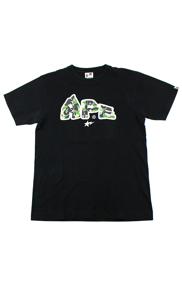 Bape ABC Green Camo Ape Text Tee Black - SaruGeneral