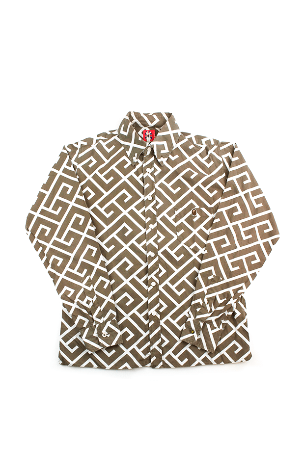 Bape Ape Head Logo White Line Pattern LS Shirt Brown - SaruGeneral