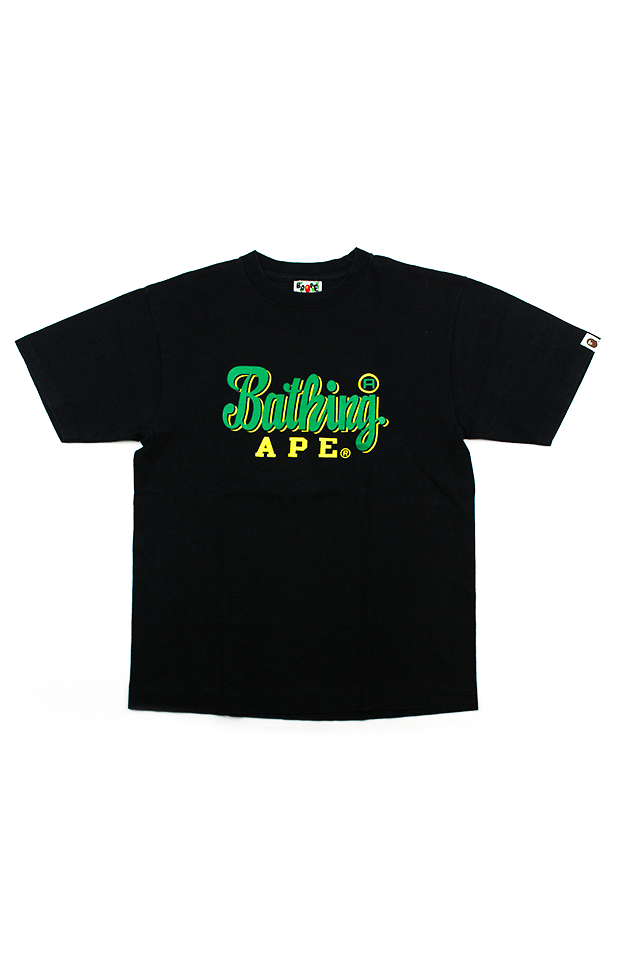 Bape Bathing Ape Green Yellow Text Tee Black - SaruGeneral