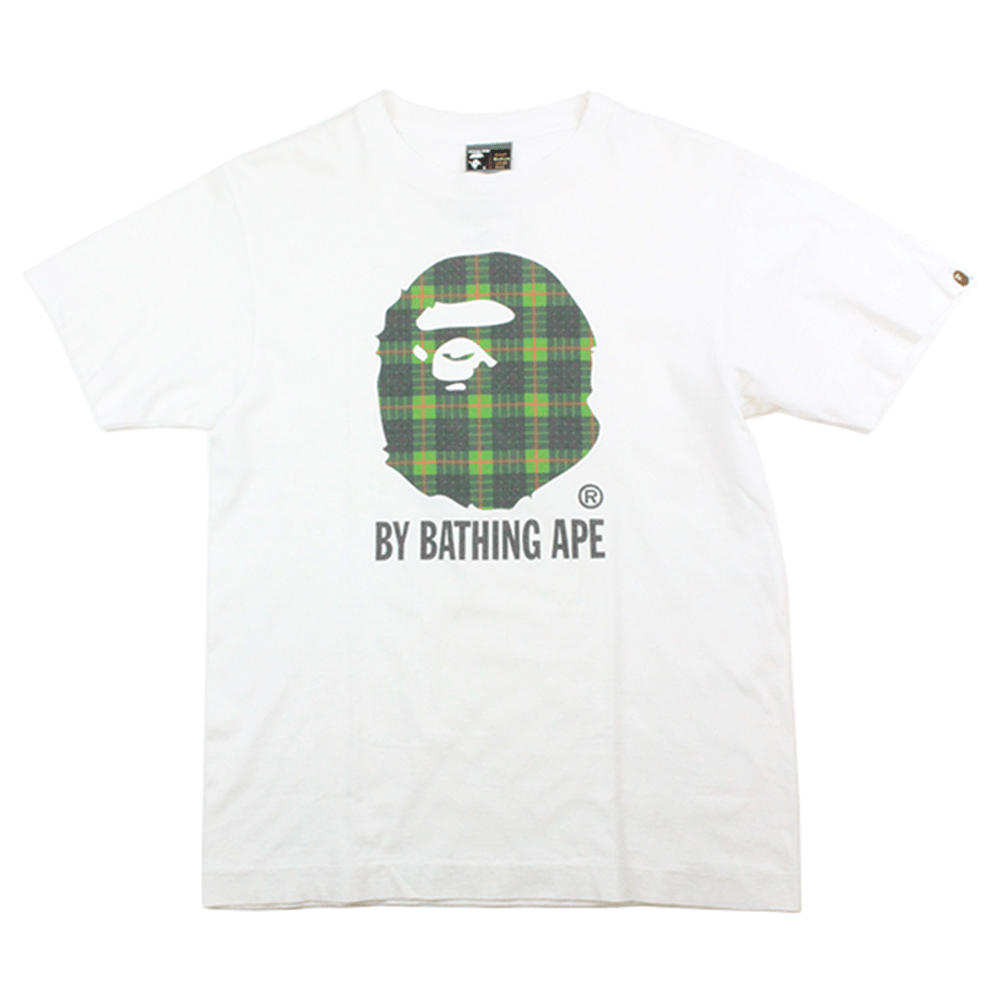 Bape Green Plaid Big Ape Logo Tee White - SaruGeneral