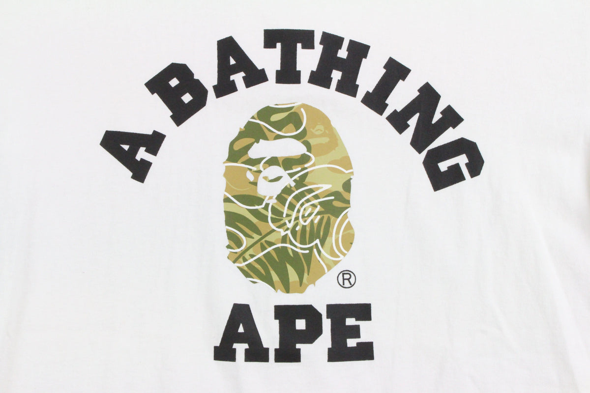 Bape Tan Stencil Camo Leaf College Logo Tee White - SaruGeneral