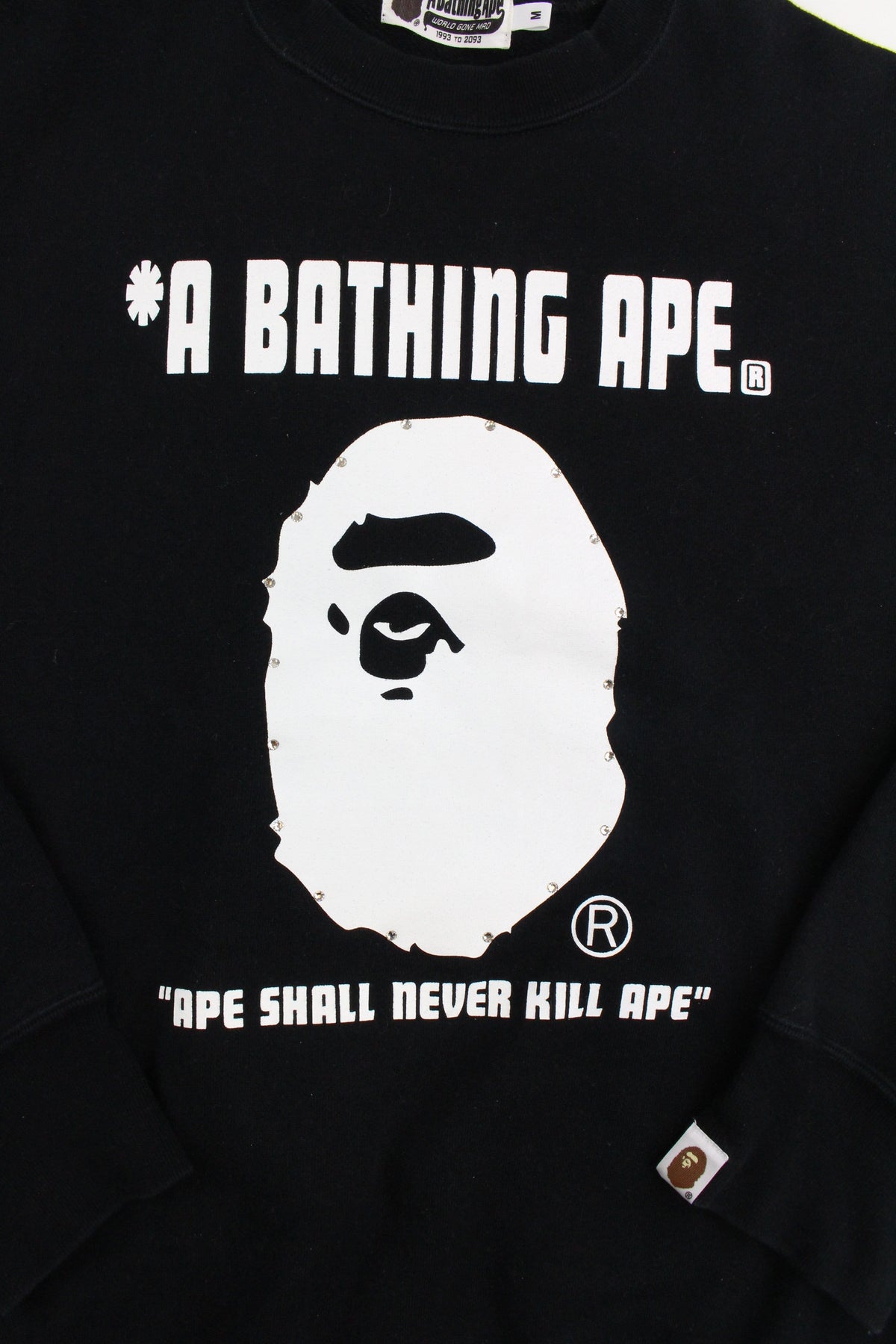 Bape White Big Ape swarkovski crystal outline Text Crew Black - SaruGeneral