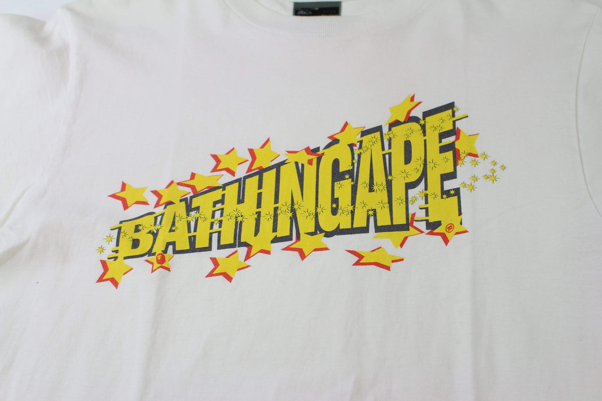 Bape Yellow Text Stars Tee White - SaruGeneral