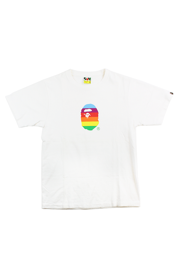 Bape rainbow Striped big Ape Logo Tee White - SaruGeneral