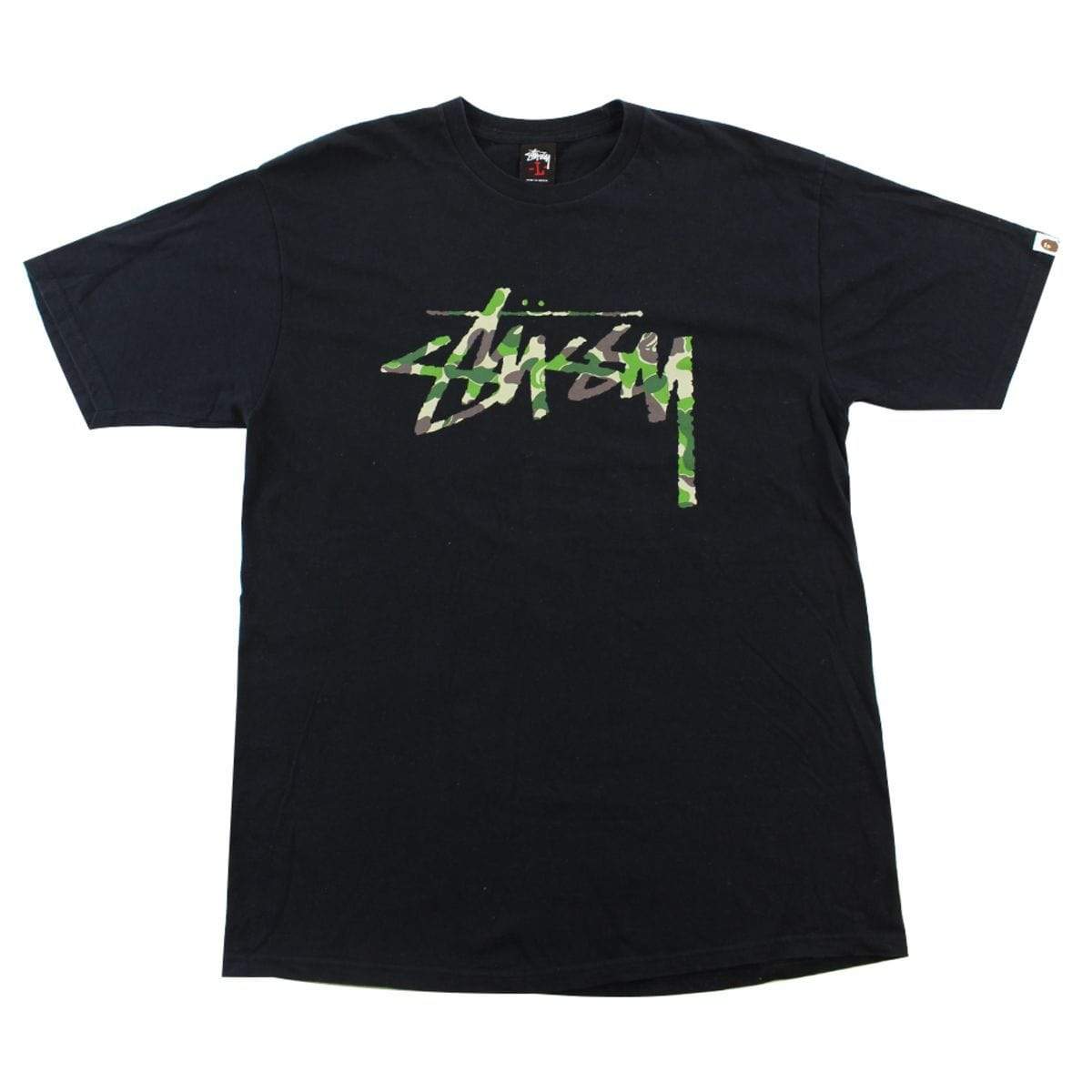 Bape x Stussy Green Camo Logo Tee Black - SaruGeneral