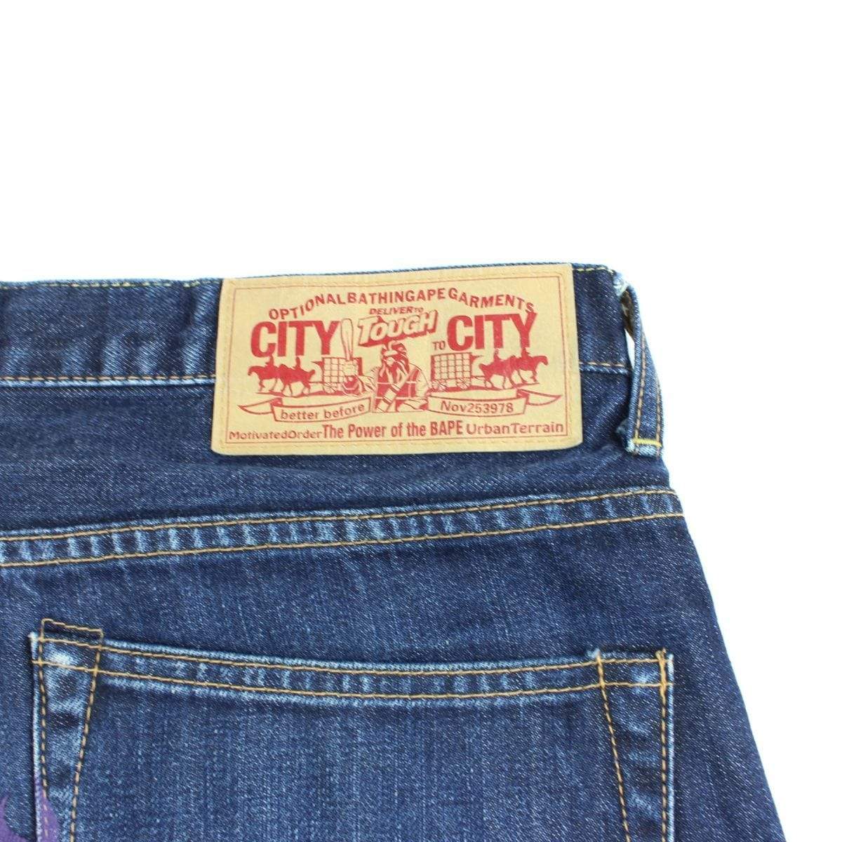 bape purple flame text denim shorts - SaruGeneral