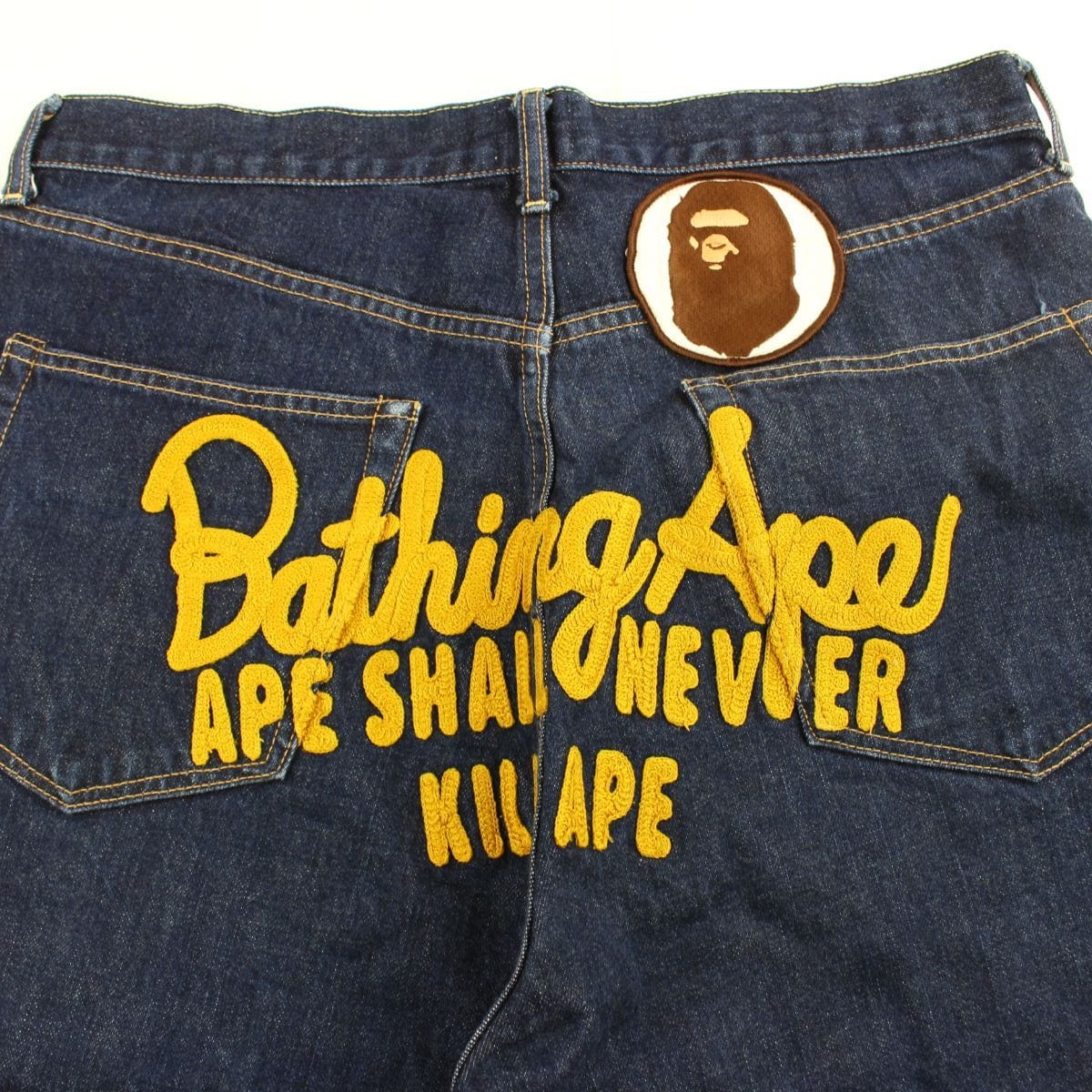 Bape Yellow Text Denim Shorts - SaruGeneral