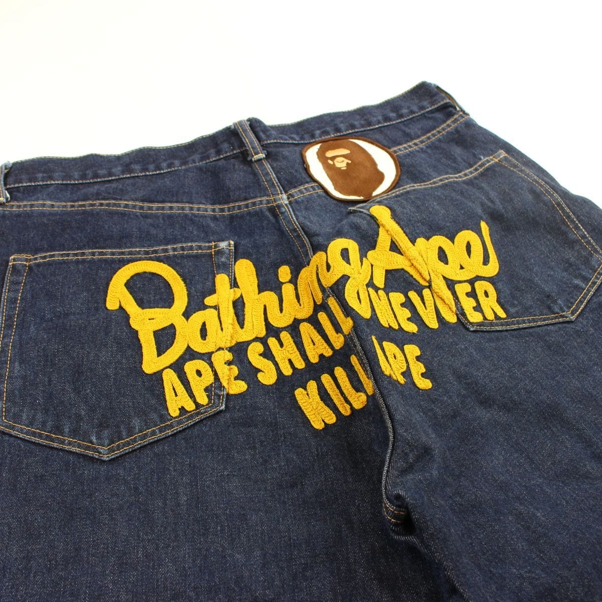 Bape Yellow Text Denim Shorts - SaruGeneral