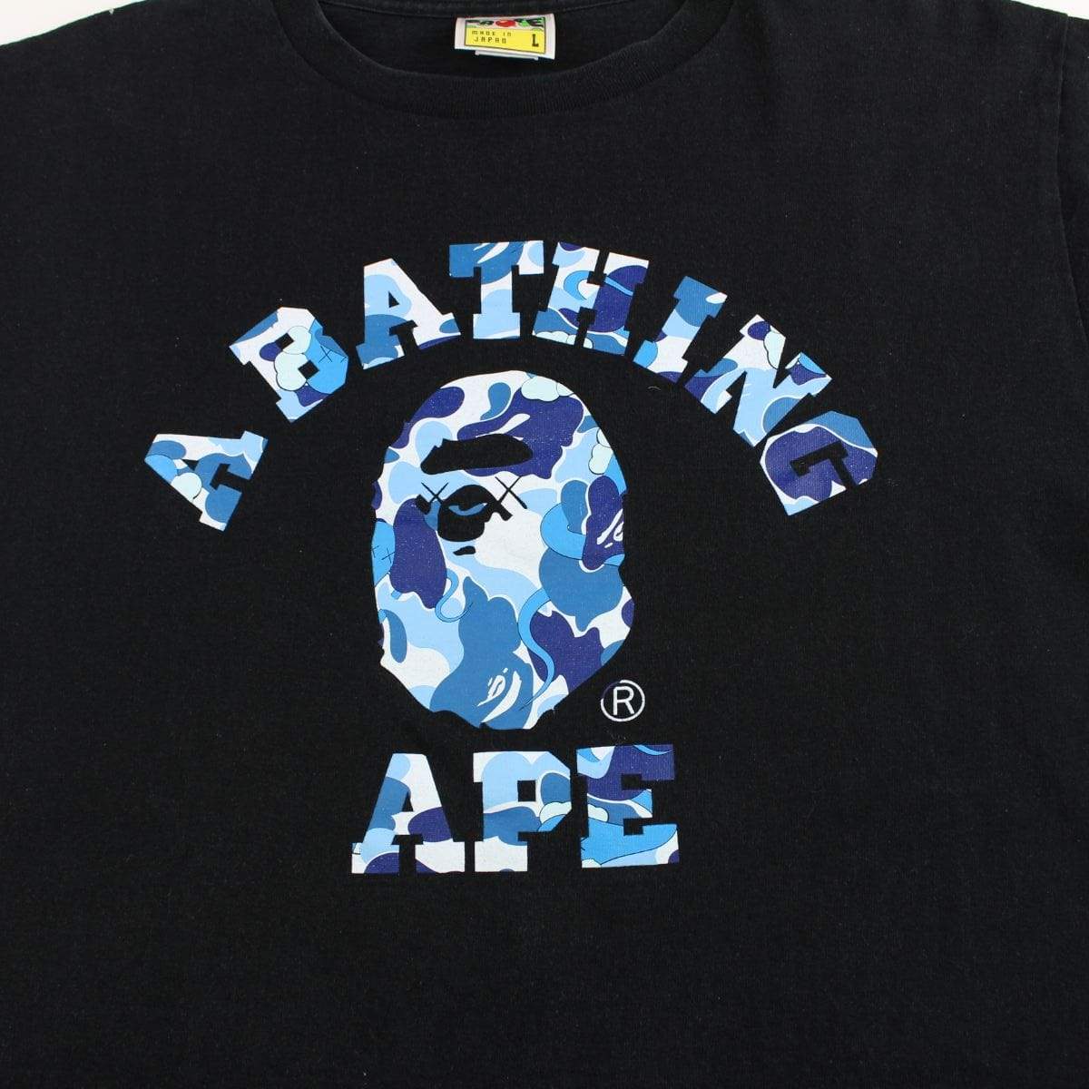 Bape x Original Fake x Kaws Blue Camo College Logo Tee Black - SaruGeneral