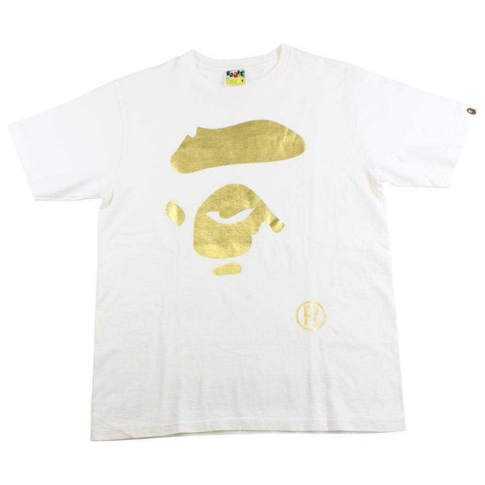 Bape Gold Foil Ape Face Logo Tee White - SaruGeneral