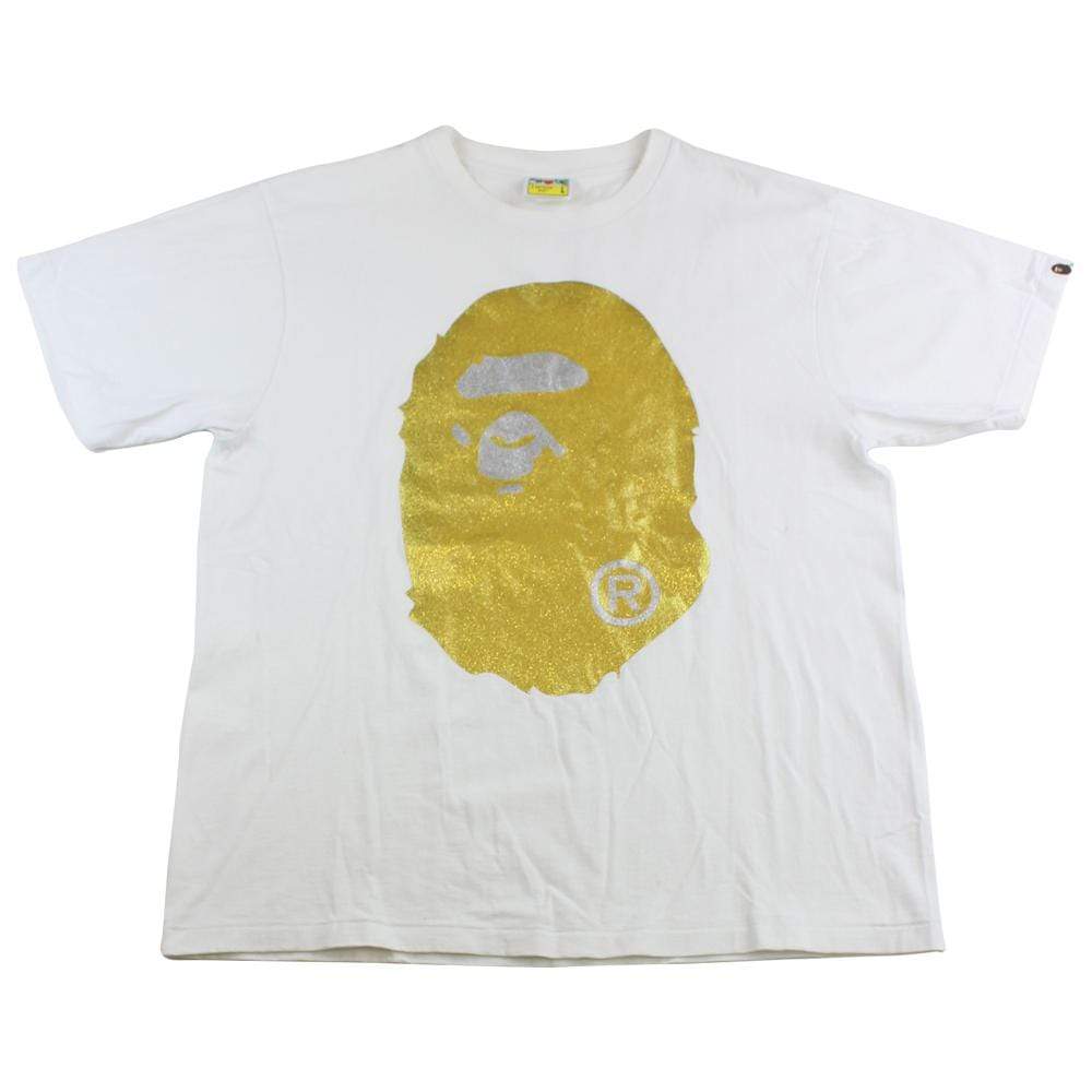 Bape Gold Glitter Big Ape Logo Tee White - SaruGeneral