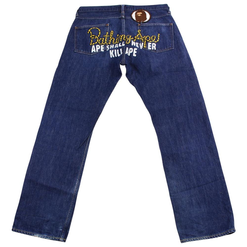 Bape Yellow Rope Text Denim Jeans - SaruGeneral