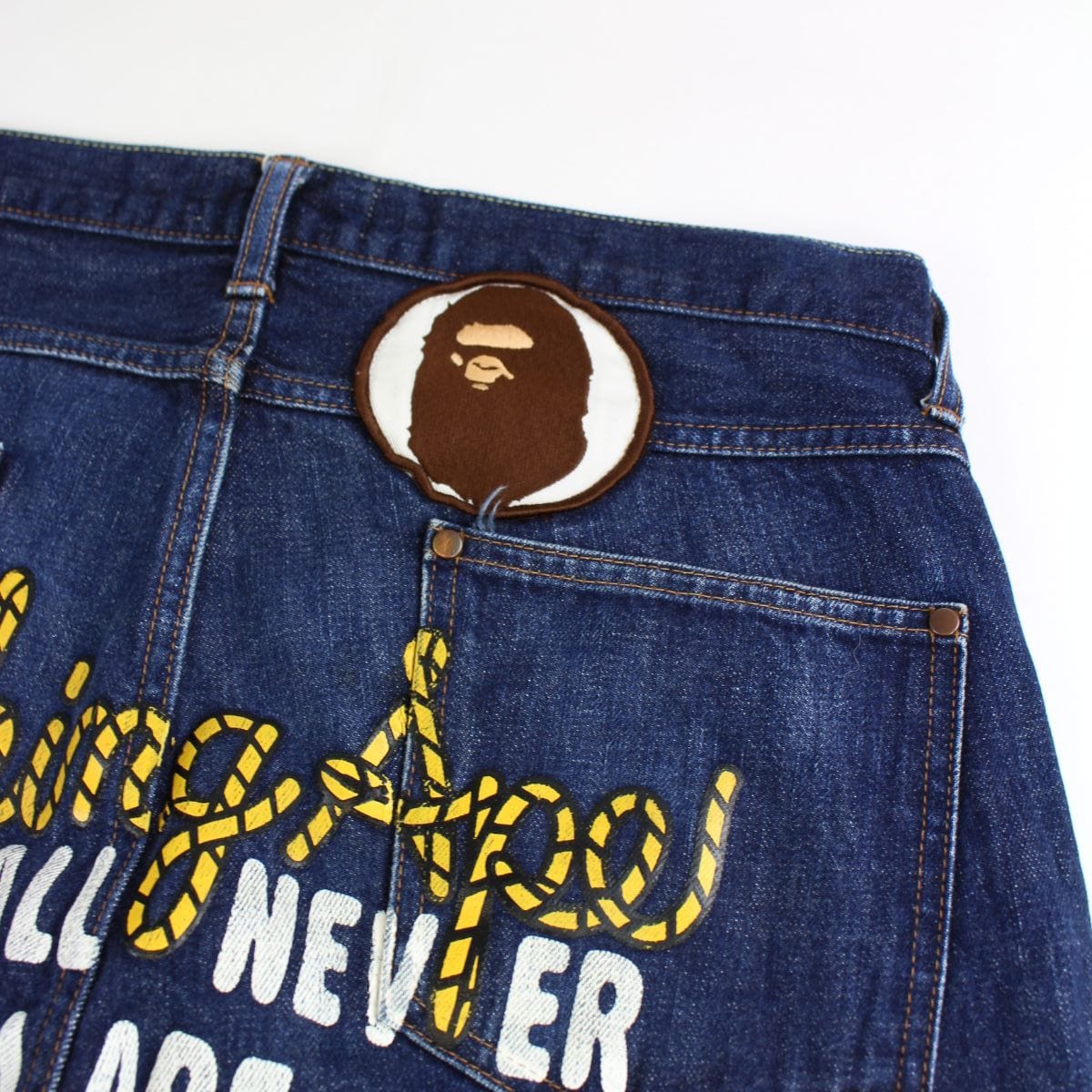 Bape Yellow Rope Text Denim Jeans - SaruGeneral