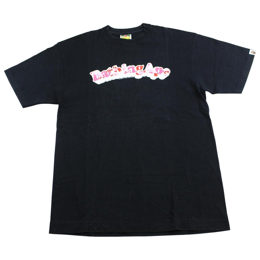 Bape Pink Camo Bathing Ape Text Tee Black - SARUUK