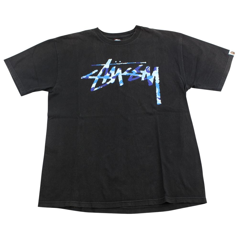 Bape x Stussy Blue Camo Logo Tee Black - SARUUK