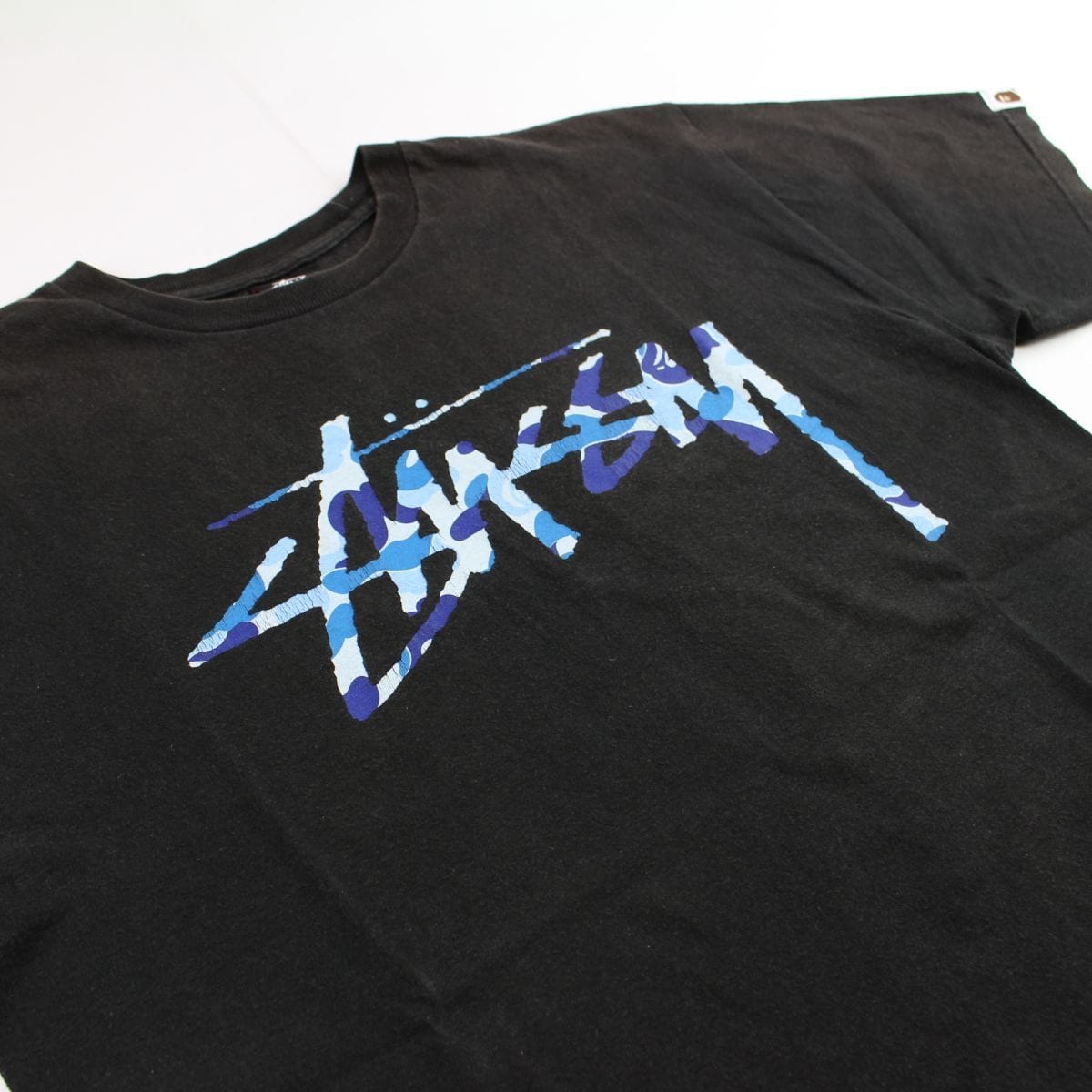 Bape x Stussy Blue Camo Logo Tee Black - SARUUK