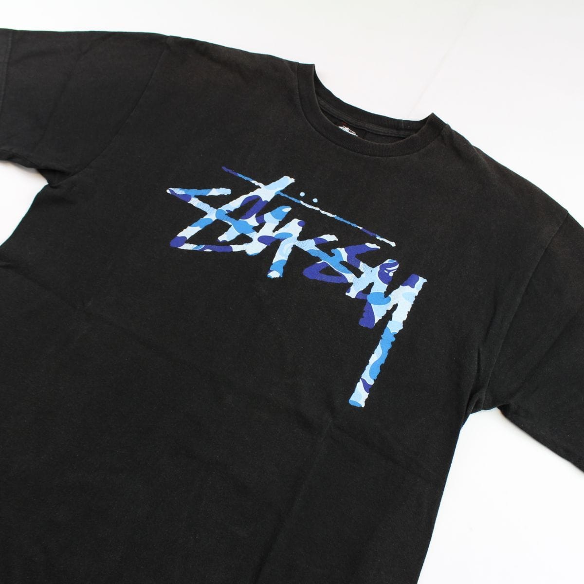 Bape x Stussy Blue Camo Logo Tee Black - SARUUK