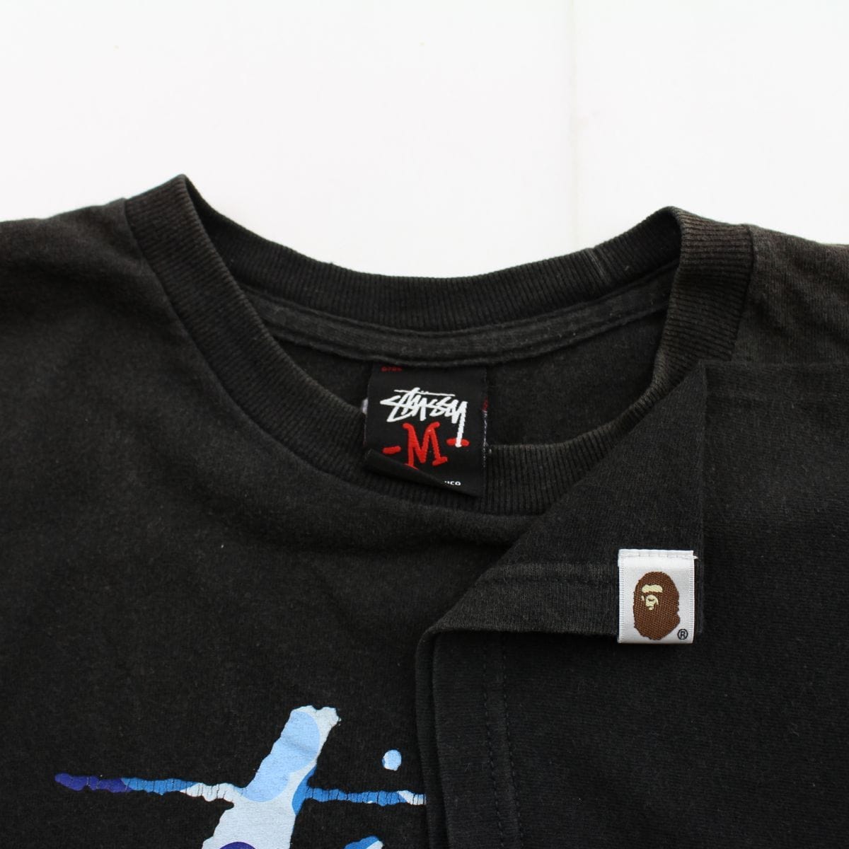 Bape x Stussy Blue Camo Logo Tee Black - SARUUK