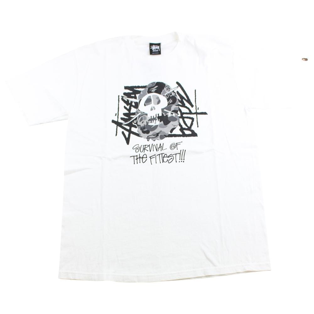 Bape x Stussy Grey Camo Survival of the Fittest Tee White - SARUUK