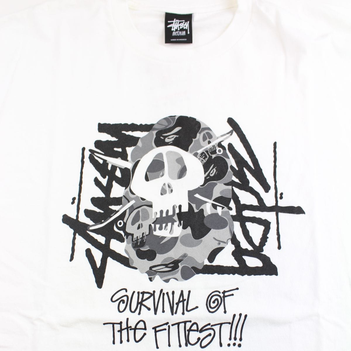 Bape x Stussy Grey Camo Survival of the Fittest Tee White - SARUUK