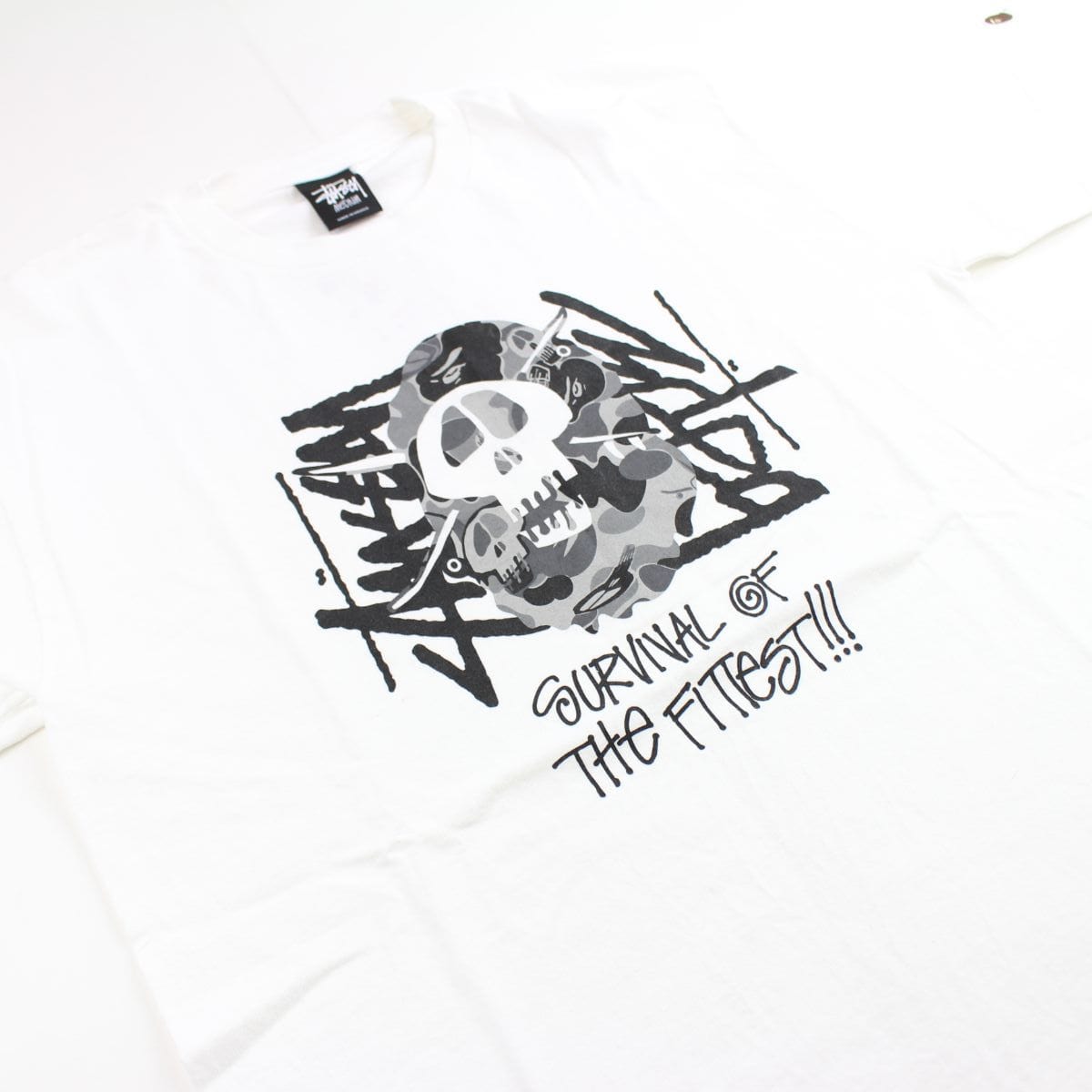 Bape x Stussy Grey Camo Survival of the Fittest Tee White - SARUUK