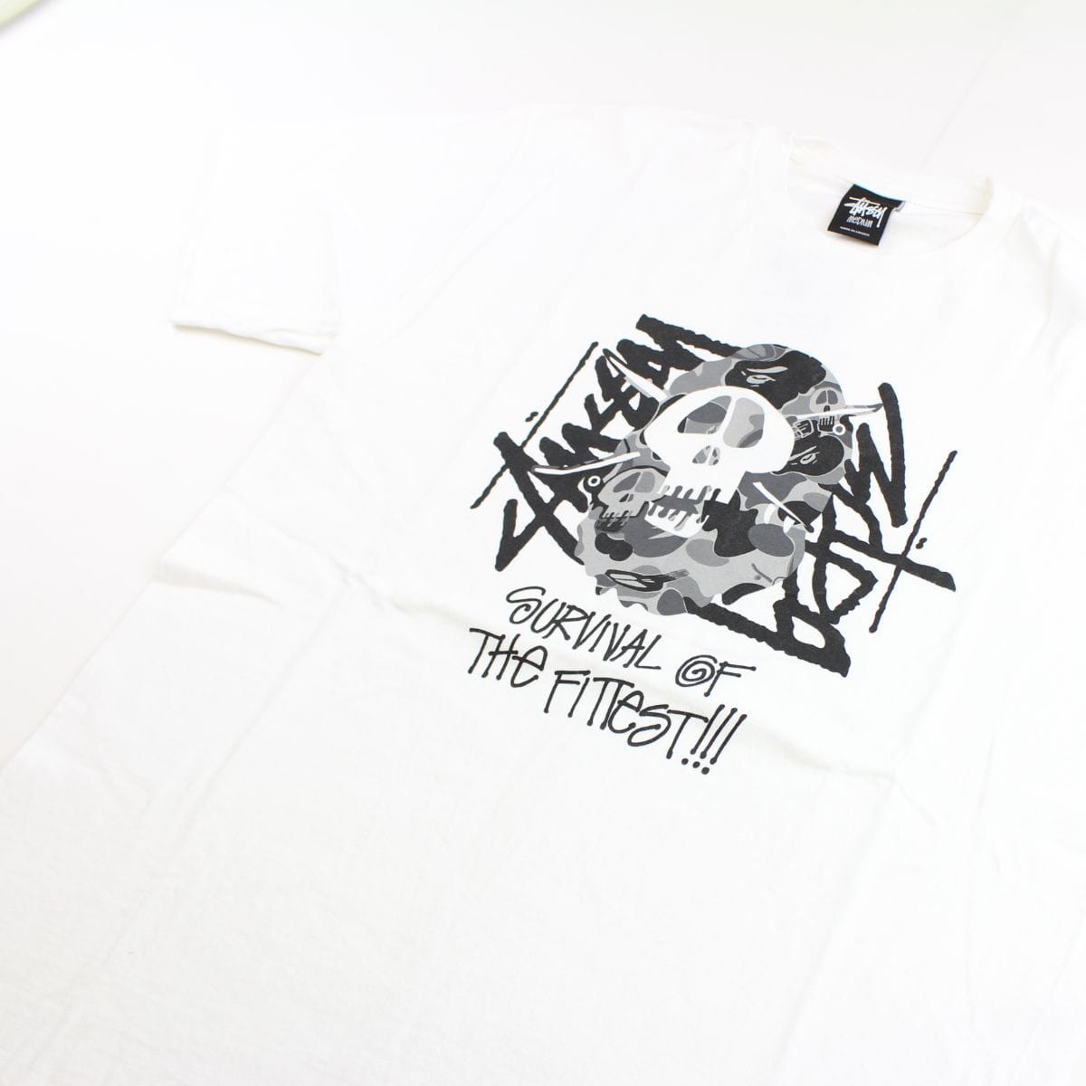 Bape x Stussy Grey Camo Survival of the Fittest Tee White - SARUUK