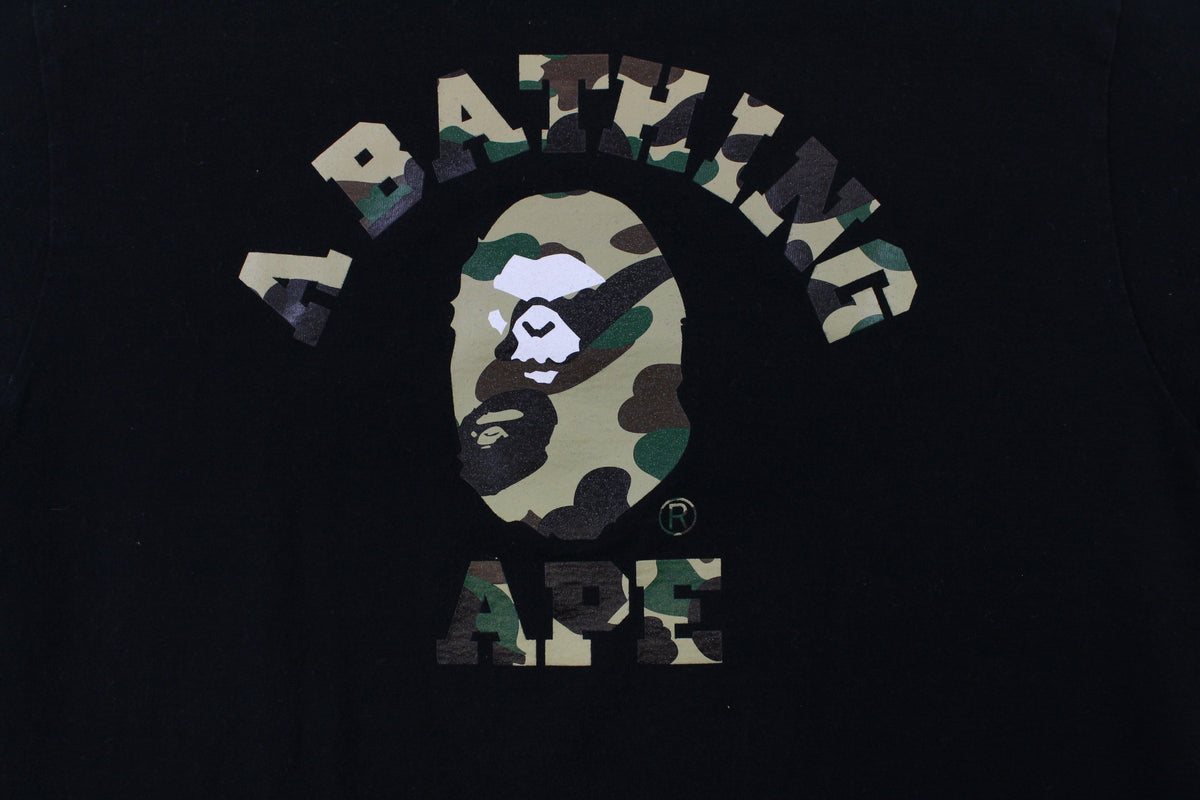 Bape 1st Green Camo Angry Face College Logo Tee Black - SaruGeneral