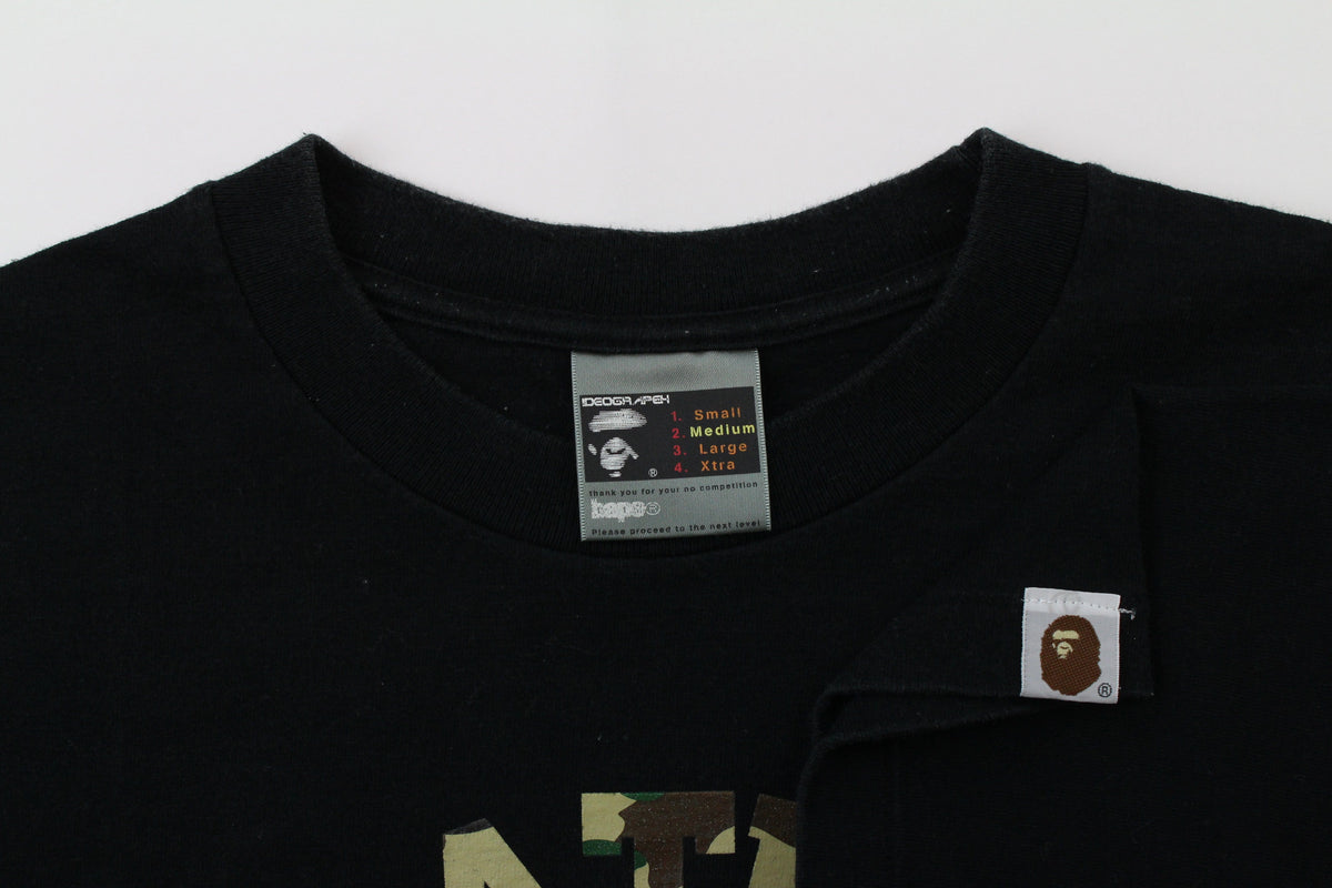 Bape 1st Green Camo Angry Face College Logo Tee Black - SaruGeneral