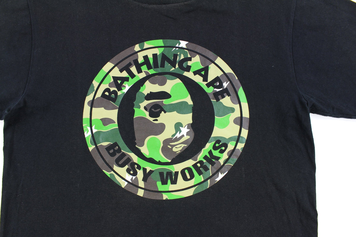 Bape ABC Green Camo Busy Works Logo Tee Black - SARUUK