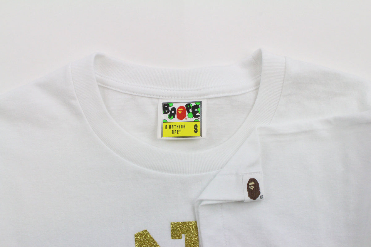 Bape Blue Gold Glitter College Logo Tee White - SaruGeneral