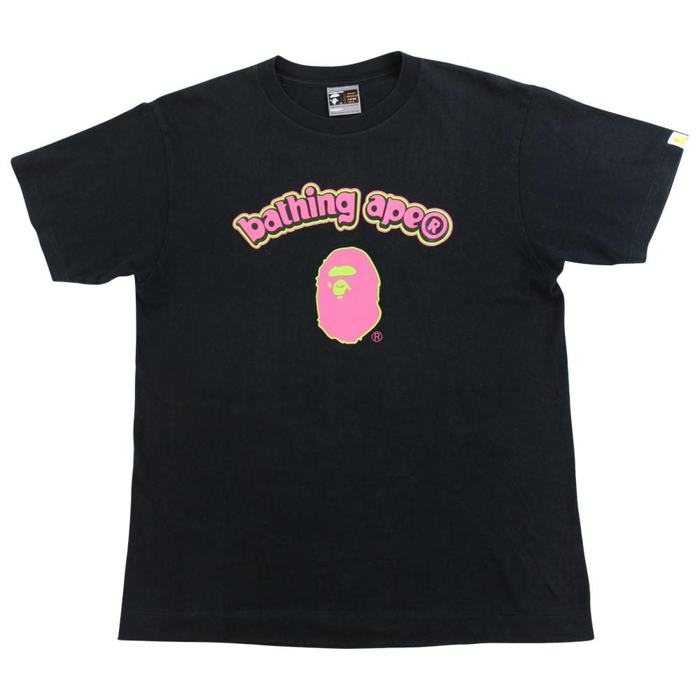 Bape Pink 3D Text Ape Face Tee Black - SARUUK