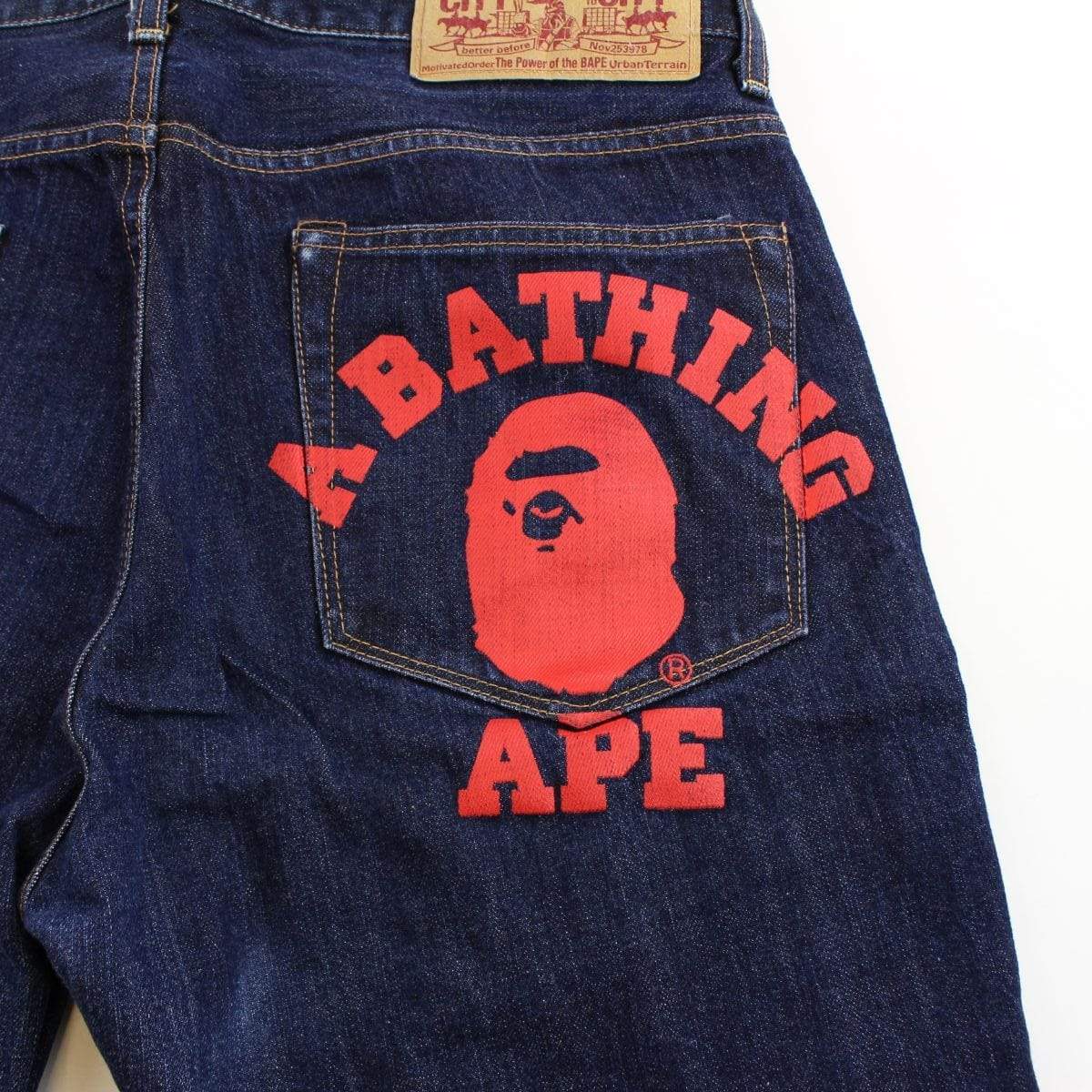 Bape Red College Logo jean shorts - SaruGeneral