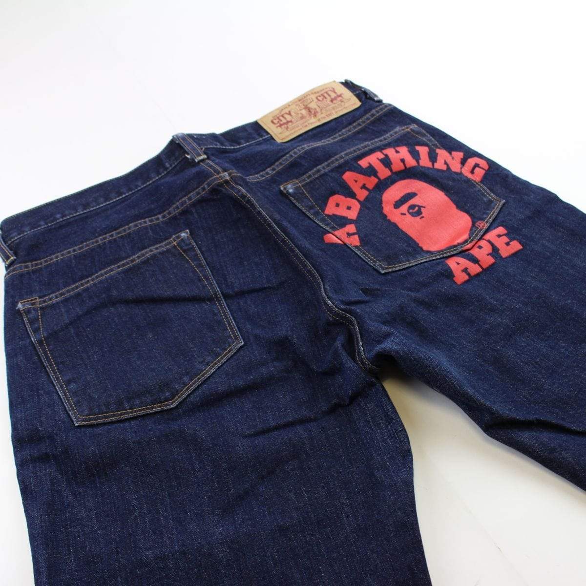 Bape Red College Logo jean shorts - SaruGeneral