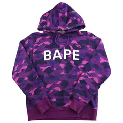bape purple camo text hoodie
