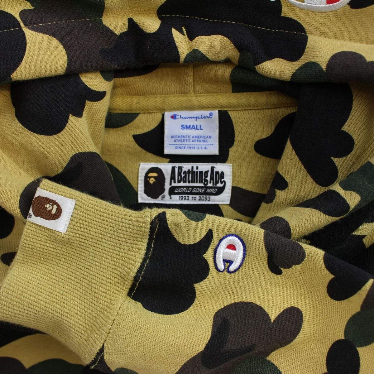 bape x champion 1st yellow camo hoodie - SaruGeneral