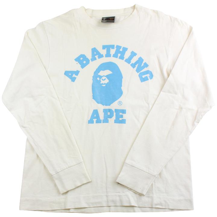 bape blue angry face college logo ls white - SaruGeneral