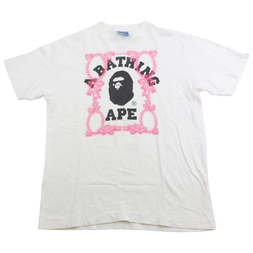 Bape Black College Logo Pink Ribbon Tee White - SaruGeneral