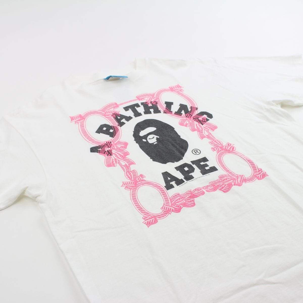 Bape Black College Logo Pink Ribbon Tee White - SaruGeneral