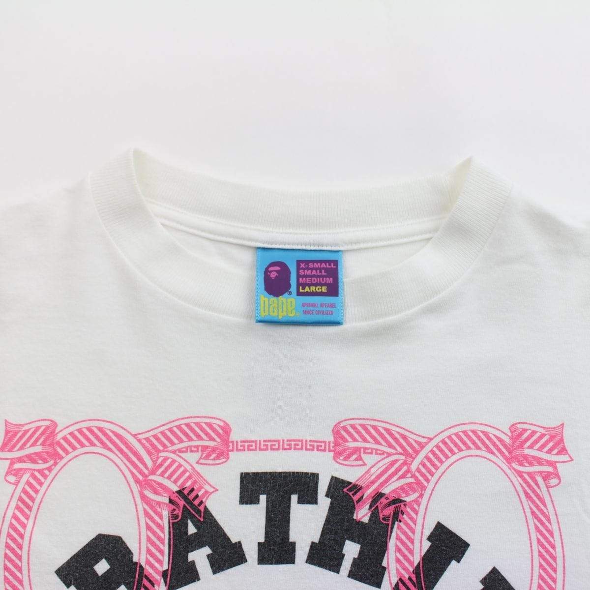 Bape Black College Logo Pink Ribbon Tee White - SaruGeneral
