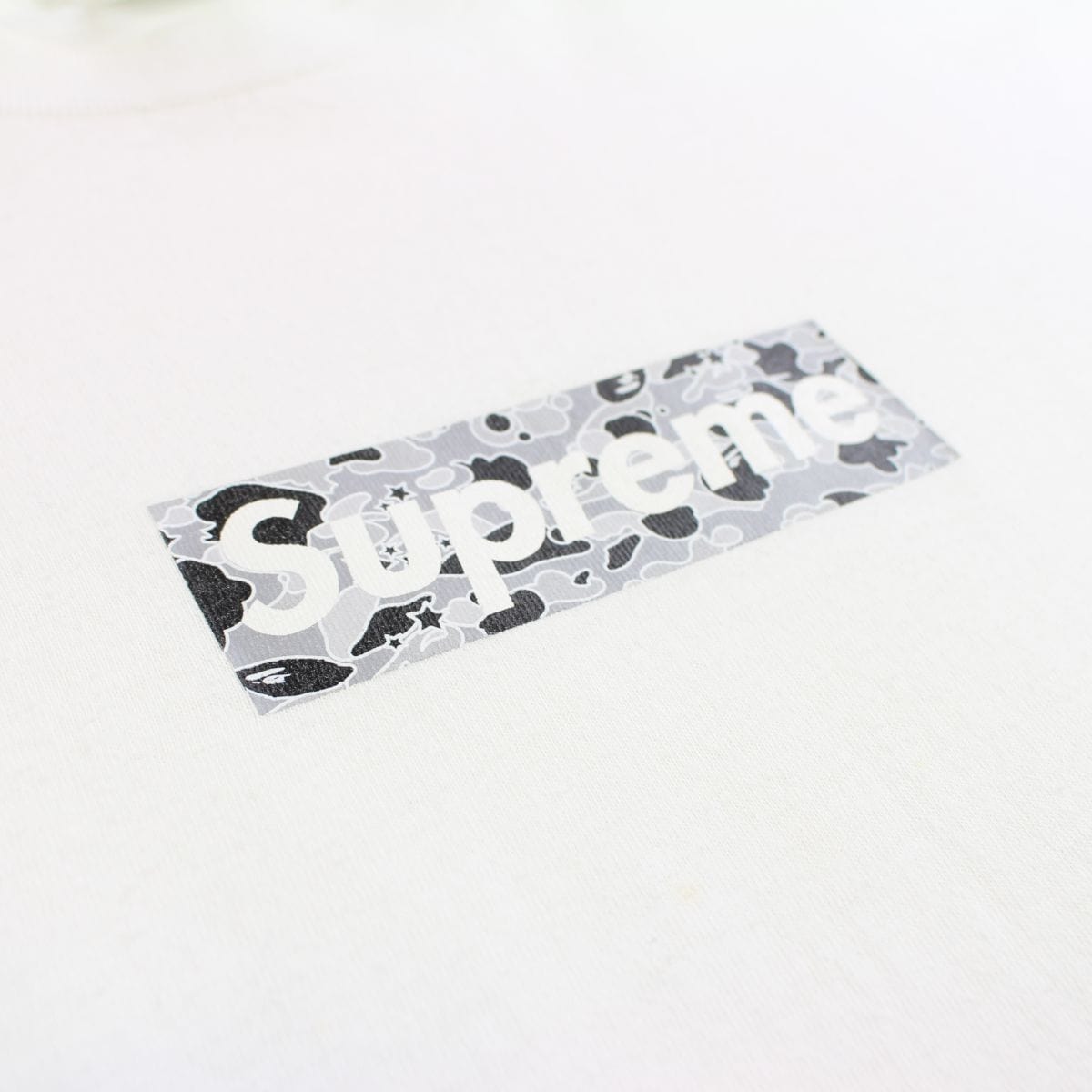 bape x supreme grey psyche camo box logo tee white 1999-2000 - SaruGeneral